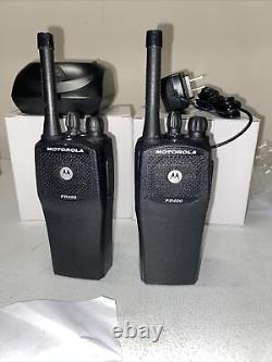 2 Motorola PR400 UHF 16 Channel Two-Way Radios AAH65RDC9AA2AN Chargers Batteries