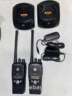2 Motorola PR400 VHF Two Way Radios AAH65KDF9AA3AN With Chargers