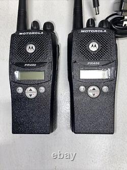 2 Motorola PR400 VHF Two Way Radios AAH65KDF9AA3AN With Chargers