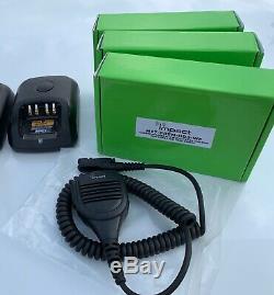 3 Motorola XPR3300e two way radios with chargers, batteries, and Impres mics