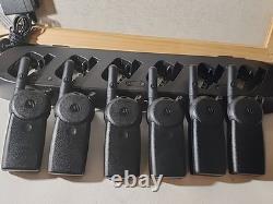 6 Motorola CLS 1110 Two-Way Radios/ Charging Station / 6 Holsters UNTESTED