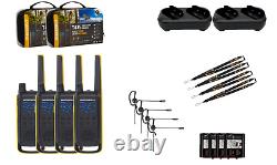 Motorola FRS T475 Two Way Radios 4 Pack Walkie Talkies 2 Dual Chargers Earpieces