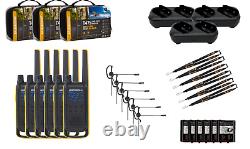 Motorola T475 Two Way Radio 6 Pack Walkie Talkies 3 Dual Chargers PTT Earpieces