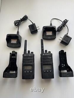 Set of 2 Motorola RMU2080D Two Way Radios with 2 Docking Chargers And Belt Clips